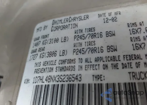 2003 Dodge Dakota Slt z USA, uszkodzony, nr VIN 1D7HL48NX3S236543